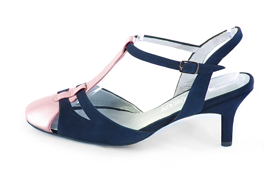 Light pink and navy blue women's open back T-strap shoes. Round toe. Medium slim heel. Profile view - Florence KOOIJMAN